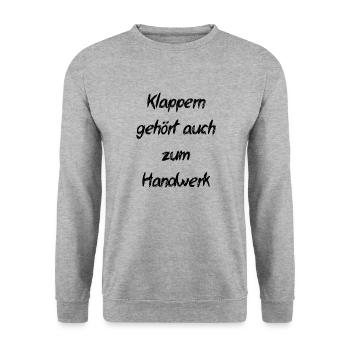 Klappern gehört zum Handwerk- Sprichwort - Unisex Pullover - Weißgrau meliert - Vorne - Alina (178cm) & Michal (187cm)