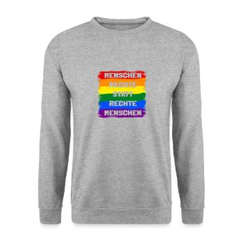 Menschenrechte statt rechte Menschen Regenbogen - Unisex Pullover - Weißgrau meliert - Vorne - Alina (178cm) & Michal (187cm)