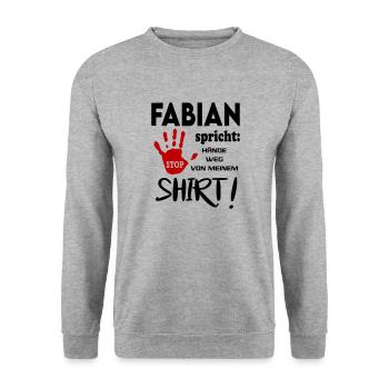 Name Namenstag Geschenkidee FABIAN - Unisex Pullover - Weißgrau meliert - Vorne - Alina (178cm) & Michal (187cm)
