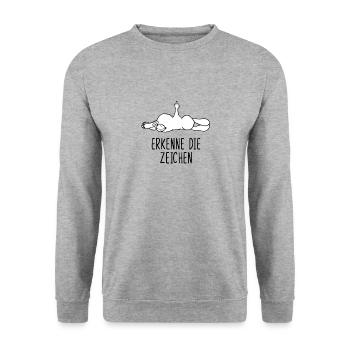 Erkenne die Zeichen Kaninchen Hasen Mittelfinger - Unisex Pullover - Weißgrau meliert - Vorne - Alina (178cm) & Michal (187cm)