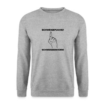 Schweigefuchs schweigeeinhorn Geschenk Lehrer - Unisex Pullover - Weißgrau meliert - Vorne - Alina (178cm) & Michal (187cm)