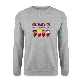 Midwives We Help People Out Geburtshilfe Hebamme - Unisex Pullover - Weißgrau meliert - Vorne - Alina (178cm) & Michal (187cm)