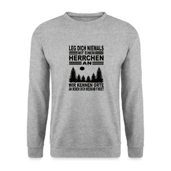 Leg Dich Niemals Mit Einem Herrchen an - Unisex Pullover - Weißgrau meliert - Vorne - Alina (178cm) & Michal (187cm)