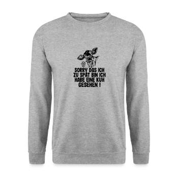 Kuh Spruch Entschuldigen Sie zu spät Kinder Kühe - Unisex Pullover - Weißgrau meliert - Vorne - Alina (178cm) & Michal (187cm)