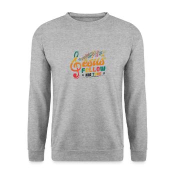 Jesus, Notenschlüssel, Musik, religiös. - Unisex Pullover - Weißgrau meliert - Vorne - Alina (178cm) & Michal (187cm)