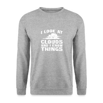 Ich Sehe Wolken Und Ich Weiß Dinge Für Alle - Unisex Pullover - Weißgrau meliert - Vorne - Alina (178cm) & Michal (187cm)