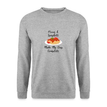 Spaghetti Make Me Completti Ironic Pasta Zitat - Unisex Pullover - Weißgrau meliert - Vorne - Alina (178cm) & Michal (187cm)