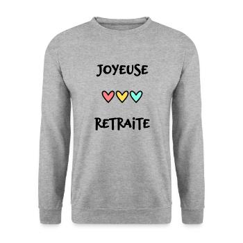 RETRAITE. BONNE RETRAITE. JOYEUSE RETRAITE - Sweat-shirt Unisexe - gris chiné - Devant - Alina (178cm) & Michal (187cm)