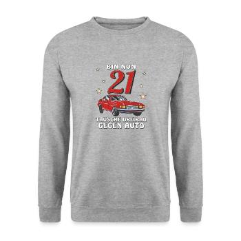 AUTO GEBURTSTAG BIN NUN 21 - Unisex Pullover - Weißgrau meliert - Vorne - Alina (178cm) & Michal (187cm)