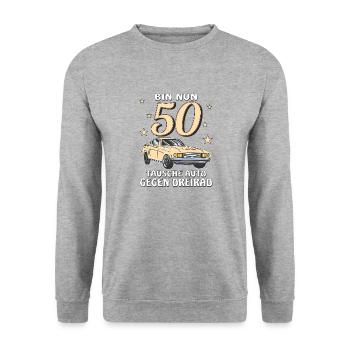 TAUSCHE AUTO GEGEN DREIRAD GEBURTSTAG 50 - Unisex Pullover - Weißgrau meliert - Vorne - Alina (178cm) & Michal (187cm)