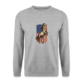 Pferd vor der amerikanischen Flagge, 4. Juli. - Unisex Pullover - Weißgrau meliert - Vorne - Alina (178cm) & Michal (187cm)