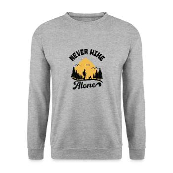 Never Hike Alone Berge Hund Wandern Wanderer - Unisex Pullover - Weißgrau meliert - Vorne - Alina (178cm) & Michal (187cm)