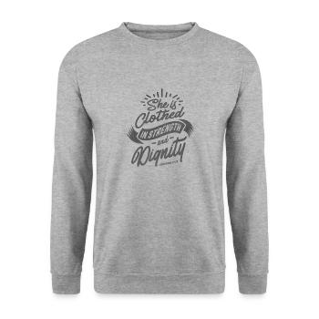 She is Clothed in Strength and Dignity - Religious - Unisex Sweatshirt - salt & pepper - Front - Alina (178cm) & Michal (187cm)