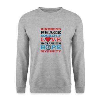 Vielfalt Gleichheit Liebe Frieden Menschenrechte - Unisex Pullover - Weißgrau meliert - Vorne - Alina (178cm) & Michal (187cm)
