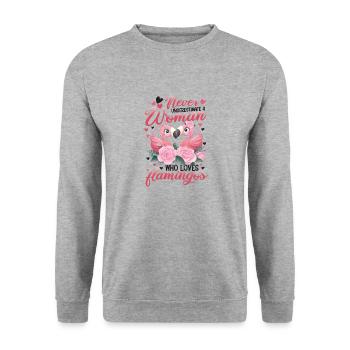 Ne sous-estimez jamais une femme qui aime les flamants roses - Sweat-shirt Unisexe - gris chiné - Devant - Alina (178cm) & Michal (187cm)