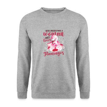 Ne sous-estimez jamais une femme qui aime les flamants roses - Sweat-shirt Unisexe - gris chiné - Devant - Alina (178cm) & Michal (187cm)