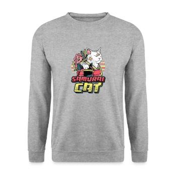 Anime Samurai-Katze - Unisex Pullover - Weißgrau meliert - Vorne - Alina (178cm) & Michal (187cm)