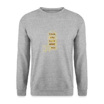 Ein Buch am Tag hält die Idioten fern. Lustiges Bücherregal - Unisex Pullover - Weißgrau meliert - Vorne - Alina (178cm) & Michal (187cm)