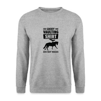 Pferdesport Voltigieren Funny Lucky Riding Reiten - Unisex Pullover - Weißgrau meliert - Vorne - Alina (178cm) & Michal (187cm)