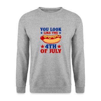 4. Juli T-Shirt Lustiger Geschenkdruck Ideen-Merch - Unisex Pullover - Weißgrau meliert - Vorne - Alina (178cm) & Michal (187cm)