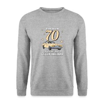 TAUSCHE AUTO GEGEN DREIRAD GEBURTSTAG 70 - Unisex Pullover - Weißgrau meliert - Vorne - Alina (178cm) & Michal (187cm)