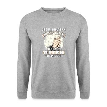 BETEN TUT MIR GUT - Unisex Pullover - Weißgrau meliert - Vorne - Alina (178cm) & Michal (187cm)