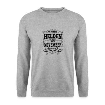 Wahre Helden werden im November geboren - Unisex Pullover - Weißgrau meliert - Vorne - Alina (178cm) & Michal (187cm)