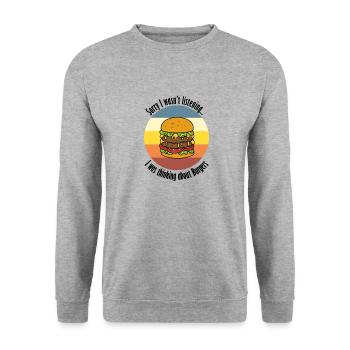 Burger Essen Lustiges Zitat Hobbykoch Fast Food - Unisex Pullover - Weißgrau meliert - Vorne - Alina (178cm) & Michal (187cm)