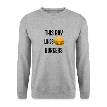 Junge mag Hamburger, ironisches Zitat, Burger - Unisex Pullover - Weißgrau meliert - Vorne - Alina (178cm) & Michal (187cm)