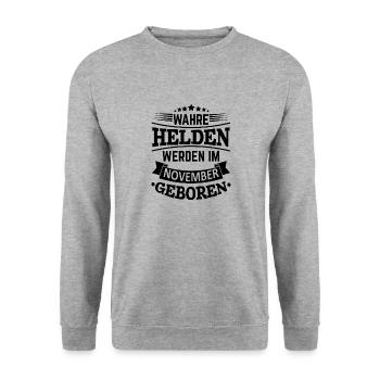Wahre Helden werden im November geboren - Unisex Pullover - Weißgrau meliert - Vorne - Alina (178cm) & Michal (187cm)