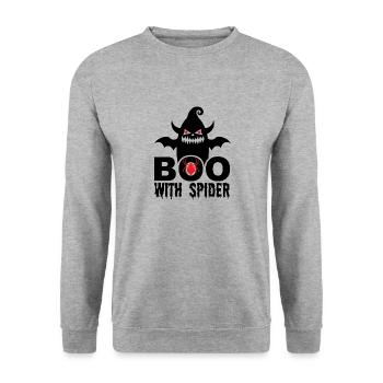Boo mit Spinne, Halloween T-Shirt - Unisex Pullover - Weißgrau meliert - Vorne - Alina (178cm) & Michal (187cm)