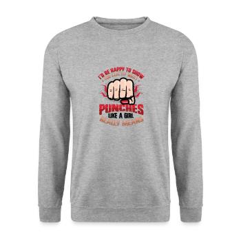 Show what "punches like a girl" means: - Unisex Sweatshirt - salt & pepper - Front - Alina (178cm) & Michal (187cm)