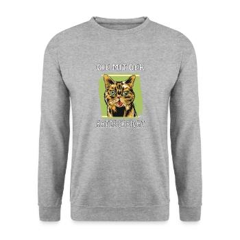 DIE MIT DER KATZE SPRICHT - Unisex Pullover - Weißgrau meliert - Vorne - Alina (178cm) & Michal (187cm)