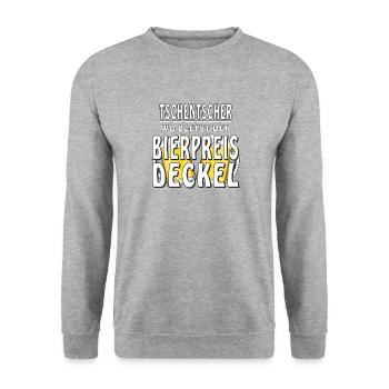 TSCHENTSCHER WO BLEIBT DER BIERPREIS DECKEL - Unisex Pullover - Weißgrau meliert - Vorne - Alina (178cm) & Michal (187cm)