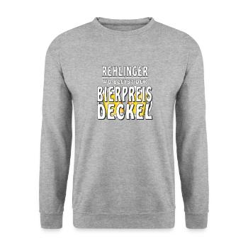 REHLINGER WO BLEIBT DER BIERPREIS DECKEL - Unisex Pullover - Weißgrau meliert - Vorne - Alina (178cm) & Michal (187cm)