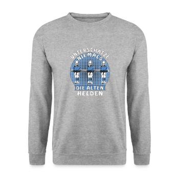 UNTERSCHÄTZE NIEMALS DIE ALTEN HELDEN - Unisex Pullover - Weißgrau meliert - Vorne - Alina (178cm) & Michal (187cm)