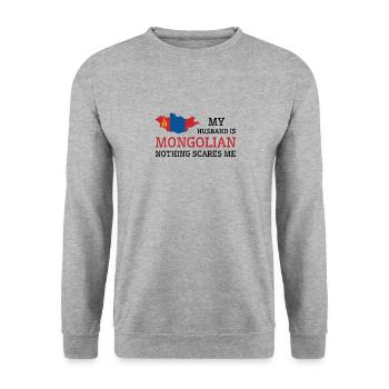 Nichts macht mir Angst Mongolischer Ehemann - Unisex Pullover - Weißgrau meliert - Vorne - Alina (178cm) & Michal (187cm)