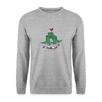 Funny Dino T-Rex Dinosaurier Armverlängerung - Unisex Pullover - Weißgrau meliert - Vorne - Alina (178cm) & Michal (187cm)