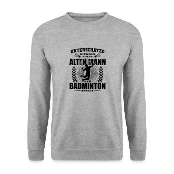 Alter Mann der Badminton spielt - Unisex Pullover - Weißgrau meliert - Vorne - Alina (178cm) & Michal (187cm)