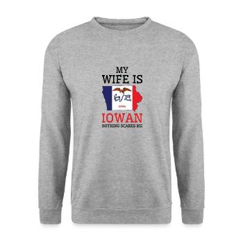 Nichts macht mir Angst Iowan Frau Iowa - Unisex Pullover - Weißgrau meliert - Vorne - Alina (178cm) & Michal (187cm)