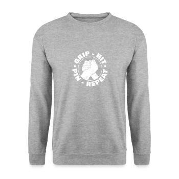 Pin Grip Hit Repeat Für Arm Wrestling Fan - Unisex Pullover - Weißgrau meliert - Vorne - Alina (178cm) & Michal (187cm)