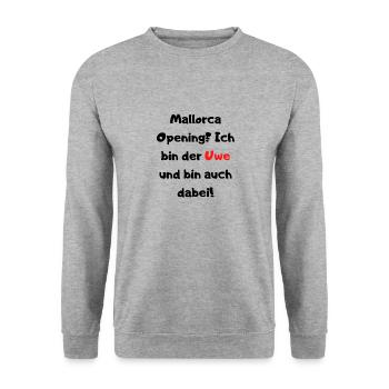 Malle Opening Ich bin der Uwe und bin auch dabei! - Unisex Pullover - Weißgrau meliert - Vorne - Alina (178cm) & Michal (187cm)