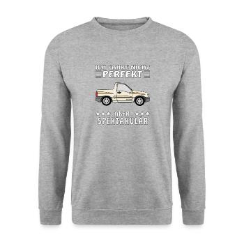 AUTO ICH FAHRE NICHT PERFEKT ABER SPEKTAKULÄR - Unisex Pullover - Weißgrau meliert - Vorne - Alina (178cm) & Michal (187cm)