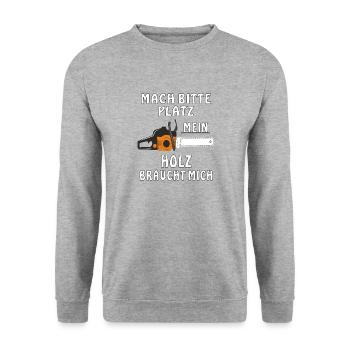 MOTORSÄGE MACH BITTE PLATZ MEIN HOLZ BRAUCHT M - Unisex Pullover - Weißgrau meliert - Vorne - Alina (178cm) & Michal (187cm)