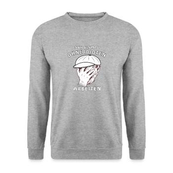 GESICHT NUR EINMAL OHNE IDIOTEN ARBEITEN - Unisex Pullover - Weißgrau meliert - Vorne - Alina (178cm) & Michal (187cm)