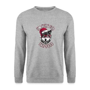 Ich bin wegen des Essens hier - Grumpy Christmas Wolf - Unisex Pullover - Weißgrau meliert - Vorne - Alina (178cm) & Michal (187cm)