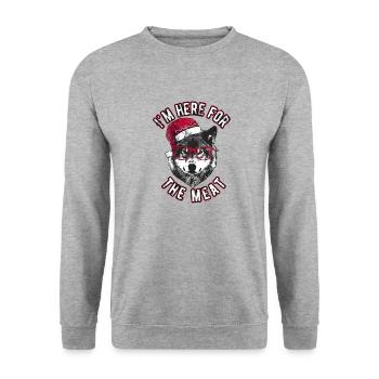 Ich bin wegen des Fleisches hier - Grumpy Christmas Wolf - Unisex Pullover - Weißgrau meliert - Vorne - Alina (178cm) & Michal (187cm)
