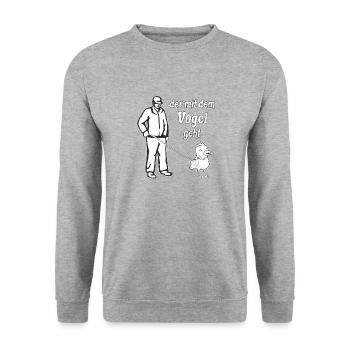 DER MIT DEM VOGEL GEHT - Unisex Pullover - Weißgrau meliert - Vorne - Alina (178cm) & Michal (187cm)