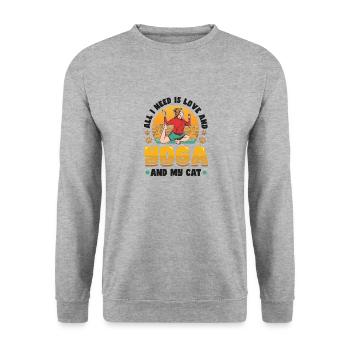Alles Was Ich Brauche Ist Liebe, Yoga und Katze - Unisex Pullover - Weißgrau meliert - Vorne - Alina (178cm) & Michal (187cm)