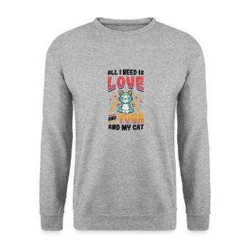 Alles Was Ich Brauche Ist Liebe, Yoga und Katze - Unisex Pullover - Weißgrau meliert - Vorne - Alina (178cm) & Michal (187cm)